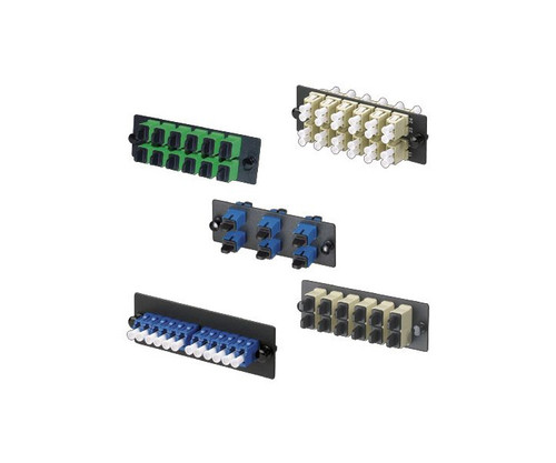Five fiber optic adapter panels featuring various LC duplex connector configurations.