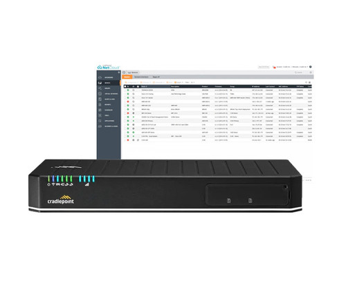 E3000 Enterprise Cellular Router shown with a Cradlepoint NetCloud software dashboard interface.