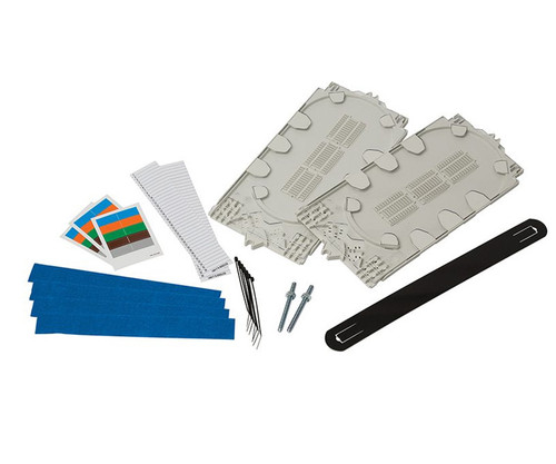 RS4U4T Splice Tray Kit containing two trays, labels, cable ties, and mounting hardware.