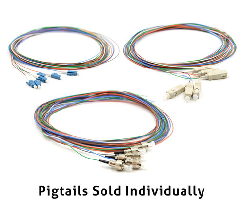 Three sets of multi-colored fiber optic cables with various connectors; text reads: Pigtails Sold Individually.