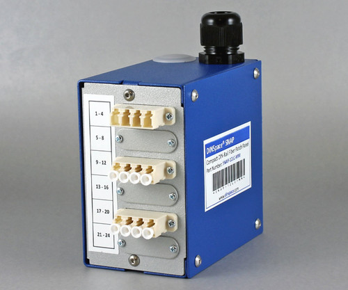 Blue DINSpace SNAP fiber optic patch panel with three LC connector modules.
