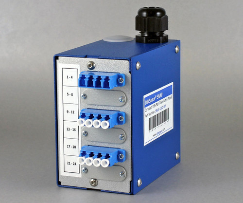Blue DINSpace SNAP fiber patch panel with LC ports and label.