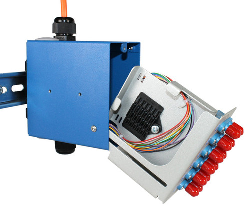 SNAP-12LC-SM Patch Panel with open drawer showing fiber optic connections and red caps.