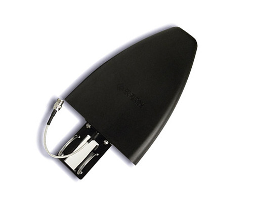 A black 457-DB wide-band cellular antenna featuring a coaxial cable and connector.