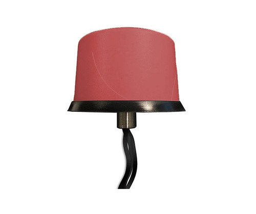 Red cellular antenna with a mounting base and attached black cable.