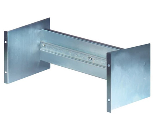 Metal DIN-rail bracket adapter with two side mounting plates on a plain background.