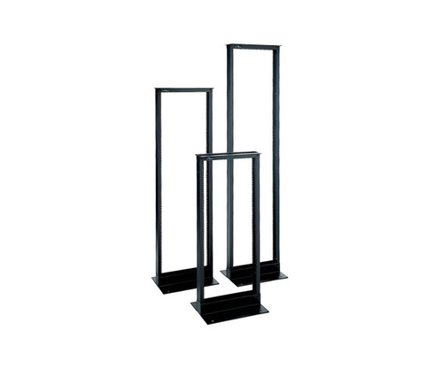 Three black, metal open frame server racks of varying heights arranged together.