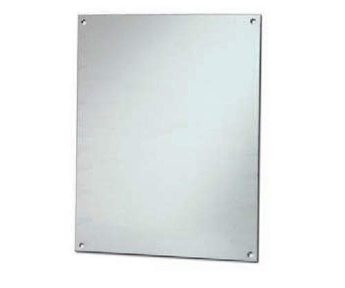 A rectangular metallic back panel with mounting holes in each corner.