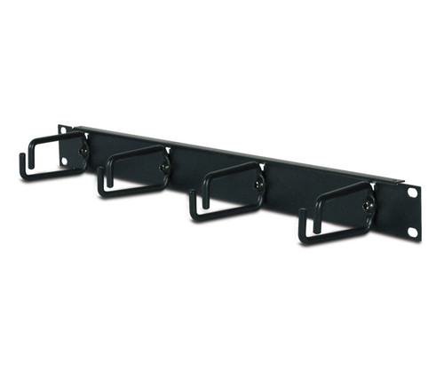 Black rack-mount cable organizer featuring four sturdy metal cable management D-rings.