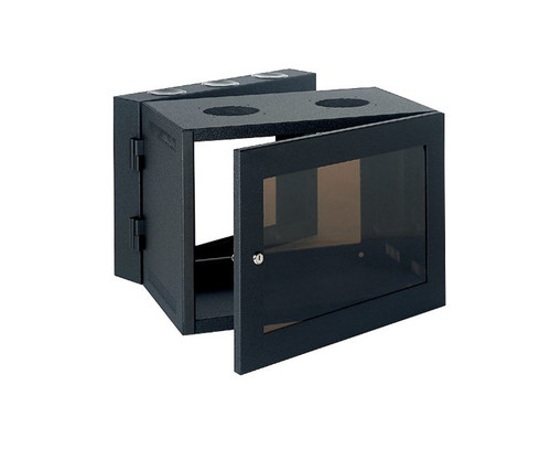 WC828 wall-mounted equipment cabinet with an open glass door and cable entry points.