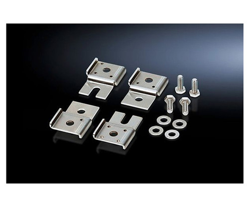 Four metal wall mount brackets, four screws, and four washers.