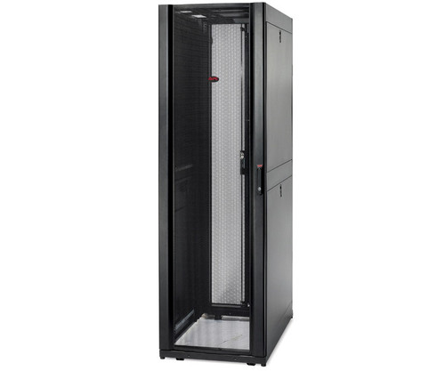 AR3100B2 black server cabinet with a perforated front door and solid side panels.