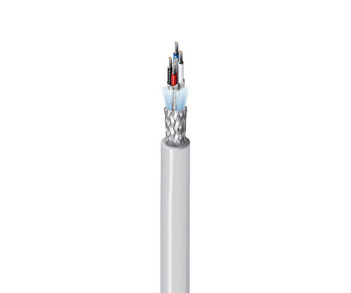 Multi-conductor shielded copper cable with exposed internal wiring and braided metallic shielding.