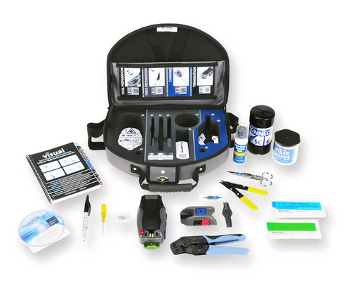 TKT-UNICAM-PFC Tool Kit containing fiber optic termination tools, cleaning supplies, and instruction manual.