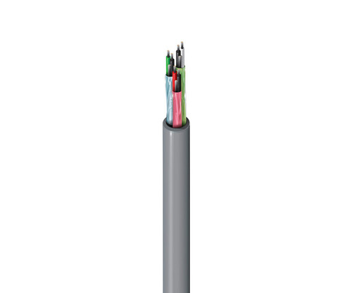 Gray multiconductor cable with exposed, color-coded internal wiring.