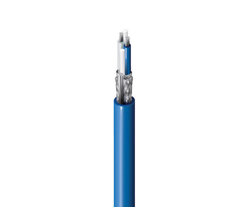A section of blue multi-conductor shielded electrical cable showing internal wiring.