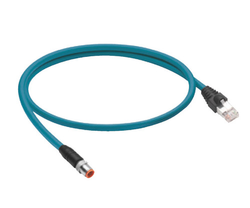 Blue patch cable with an RJ45 connector on one end and M12 connector opposite.