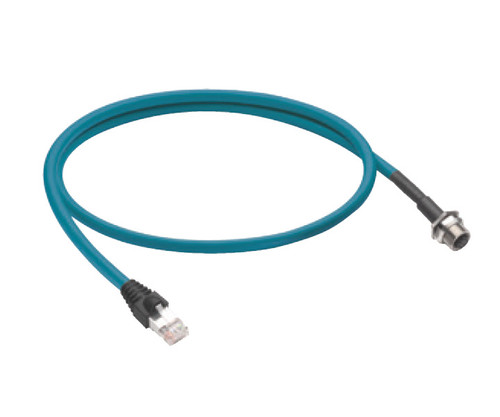 A teal CAT 5e patch cable featuring an RJ45 connector and an M12 connector.