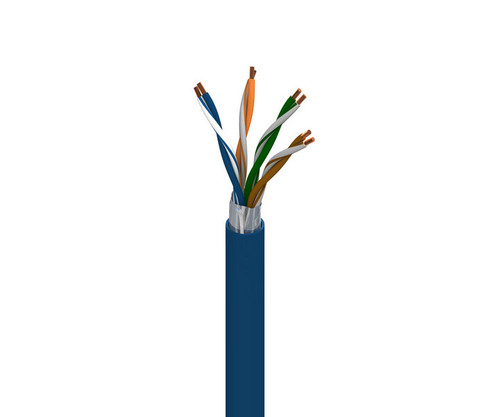 Shielded blue Ethernet cable showing four twisted wire pairs with exposed copper conductors.