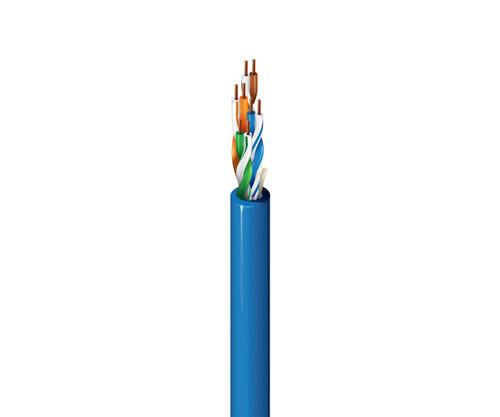 A stripped blue Ethernet cable revealing four twisted copper wire pairs.