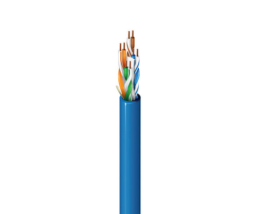 Blue Ethernet cable with four pairs of twisted copper wires exposed at the top.