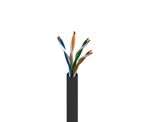 The image shows a cut section of a Cat 5e network cable with four twisted wire pairs extending from a black outer jacket. The pairs are color-coded: blue, orange, green, and brown, each accompanied by a white-striped counterpart.