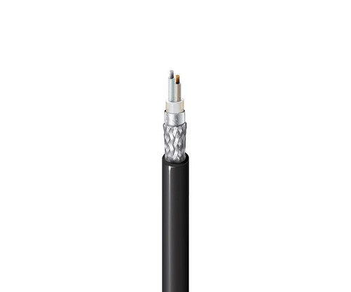 Twinaxial cable with exposed layers including braid shield, foil, insulation, and conductors.