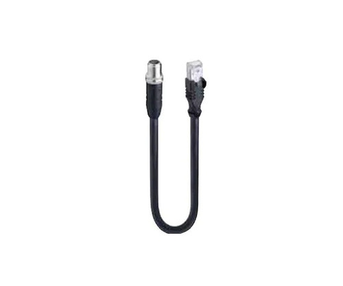Short black RJ45 to M12 CAT 6A shielded patch cable.