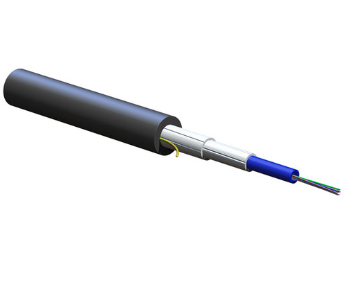 Cutaway rendering of a multi-layered fiber optic cable showing internal colored fibers.
