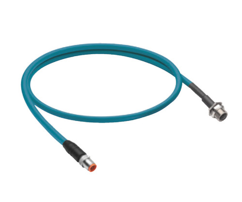 Shielded RJ45/M12 CAT 5e patch cable with blue jacket and connectors on both ends.