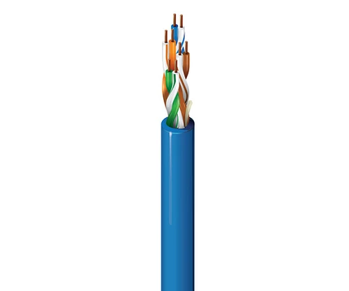 A blue Ethernet cable stripped at the end, exposing four twisted pairs.