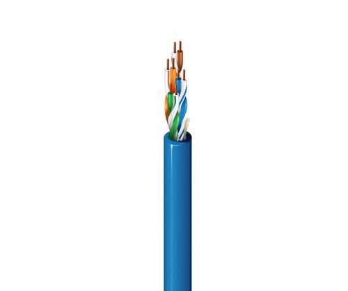 Stripped blue ethernet cable revealing color-coded twisted copper wire pairs.