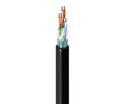 Stripped black multi-conductor cable showing internal twisted pairs and foil shielding.