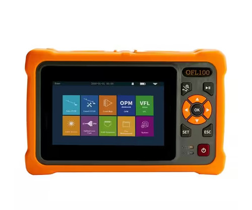 OFL100 optical time-domain reflectometer and fault locator device with a touchscreen menu.