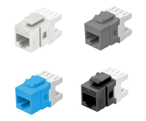 Four Belden brand RJ45 jacks in white, gray, blue, and black.