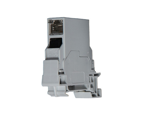 Cat 6 coupler module mounted on a DIN rail.