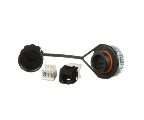 A disassembled Cat 6 bulkhead coupler with its protective cap.
