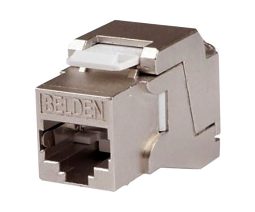 Belden shielded CAT 6+ RJ45 keystone jack connector with metallic housing.