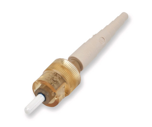 ST connector with a white ceramic ferrule and threaded brass housing.