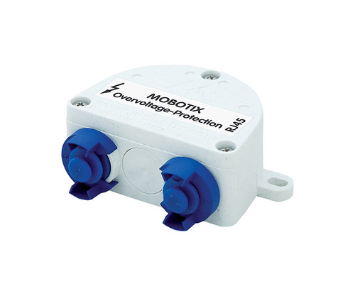 MOBOTIX Overvoltage-Protection RJ45 device with two blue connectors.