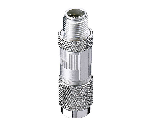 Metallic M12 connector with threaded barrel and knurled grip rings.