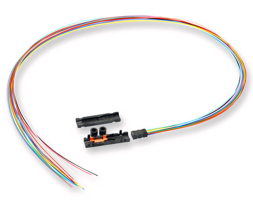 A 12-fiber fan-out kit with multicolored fibers, black tubing, and a connector housing.
