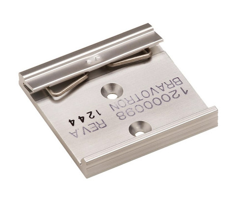 DIN-Rail bracket engraved with "12000098 BRAVOTRON REV.A 1244" and two mounting holes.