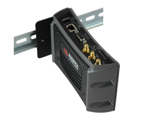 A Sierra Wireless gateway is mounted horizontally onto a DIN rail.