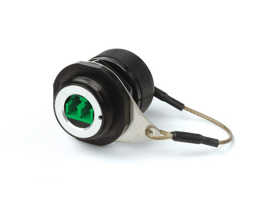 Black threaded plug and connector with a green interior and attached dust cap.
