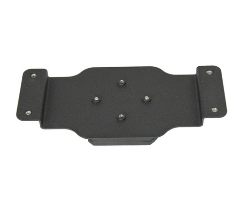 Black metal DIN-rail mount bracket with mounting holes and screws.