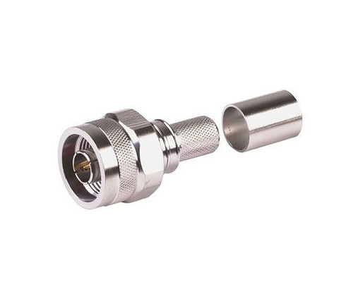 An N/Male straight RF connector with a separate crimp sleeve.