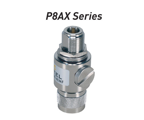 A metallic P8AX Series lightning arrestor with threaded connectors and a grounding screw.