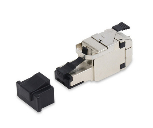 Metal RJ45 field termination plug with a separate black protective cap.