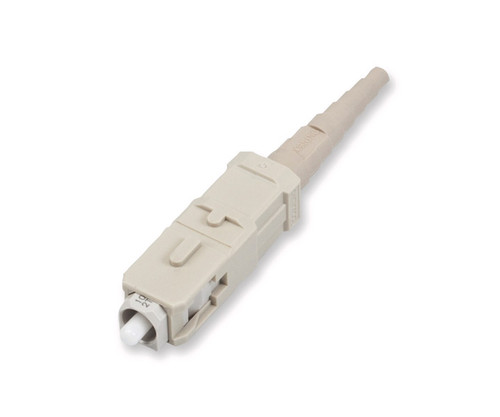 SC fiber optic connector with a beige housing and white ferrule.